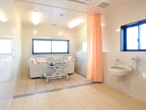 白い内装に青い窓枠の窓が2つ、真ん中奥に入浴補助設備の付いた浴槽がある浴室