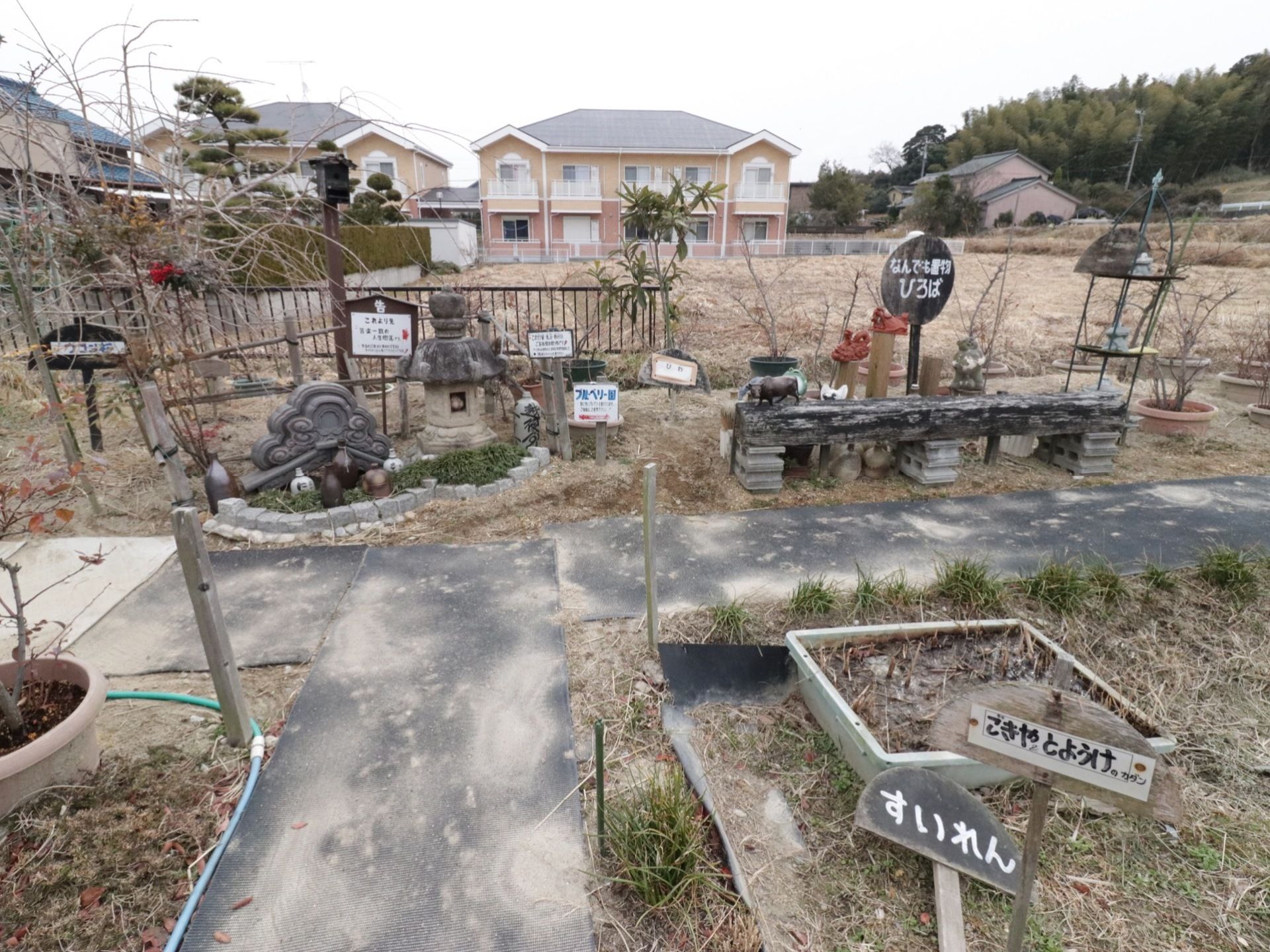 施設敷地内には畑がある。畑には数多くの看板が立てられたり置かれている。すいれんやブルーベリー、なんでも置物ひろばの文字が見える。
