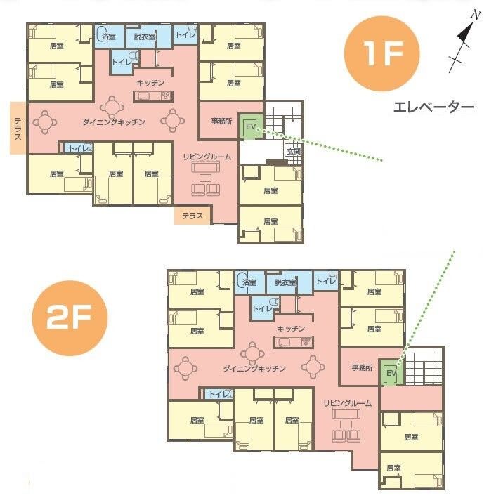 グループホーム ひまわり新高根の1～2Ｆのフロアマップ