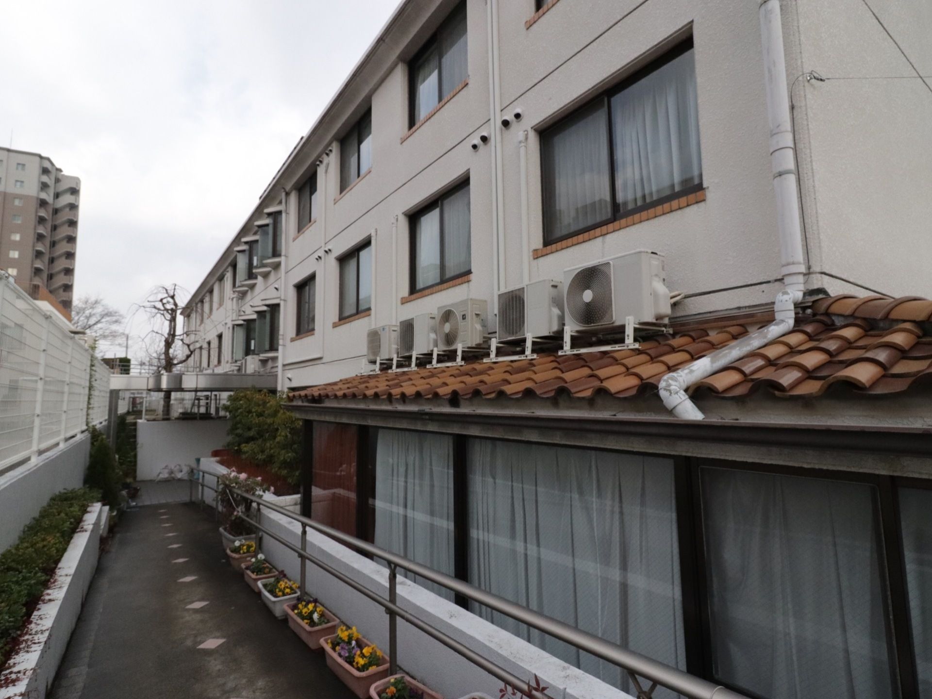 駐車場から施設入口まではスロープになっている。車椅子をご利用の方はもちろん、歩行の方にも優しい造りになっている。