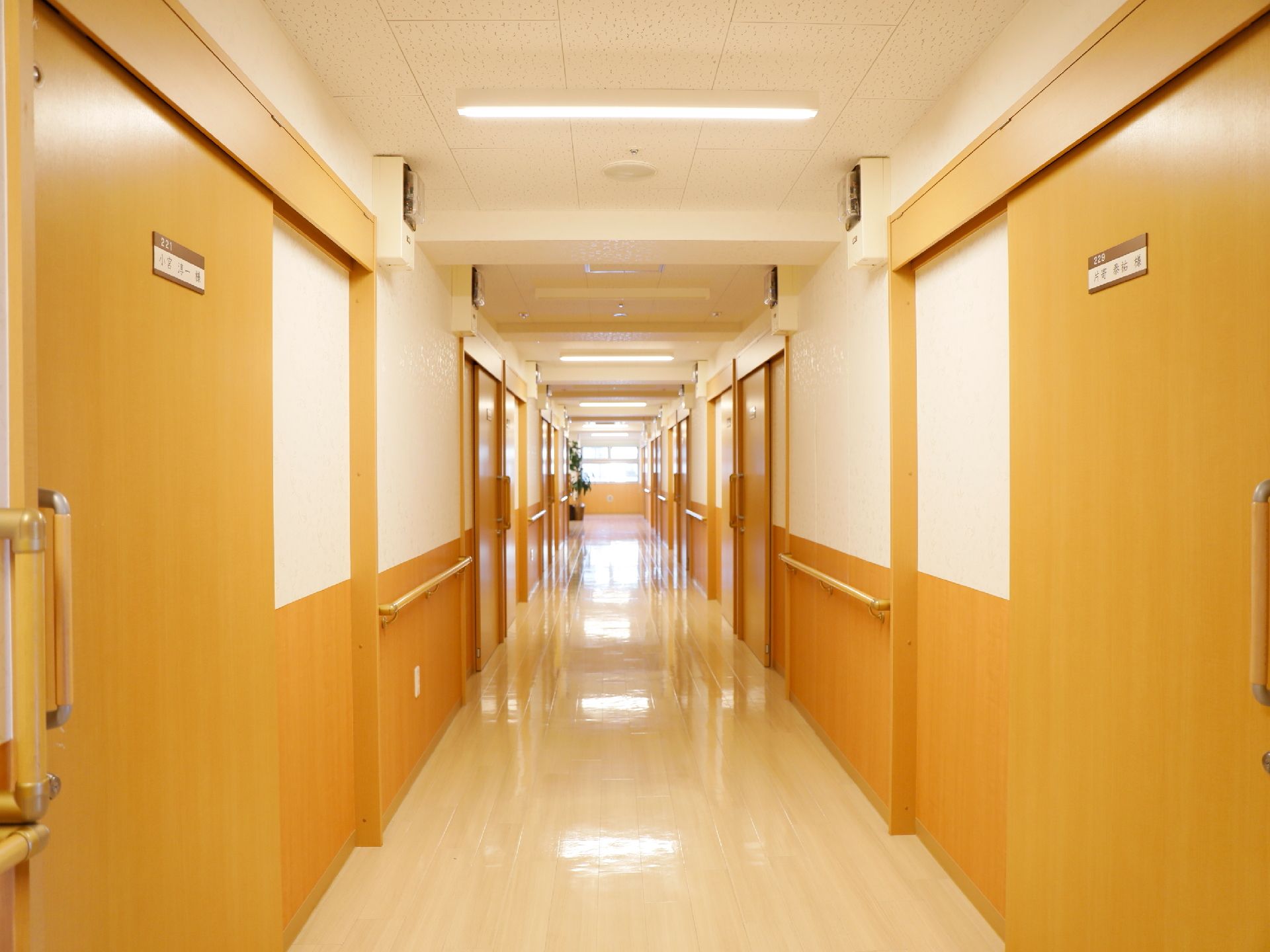 廊下の左右には手すりが設置されているため、歩行の際の補助として利用することができ、移動の際の負担を軽減することができる。