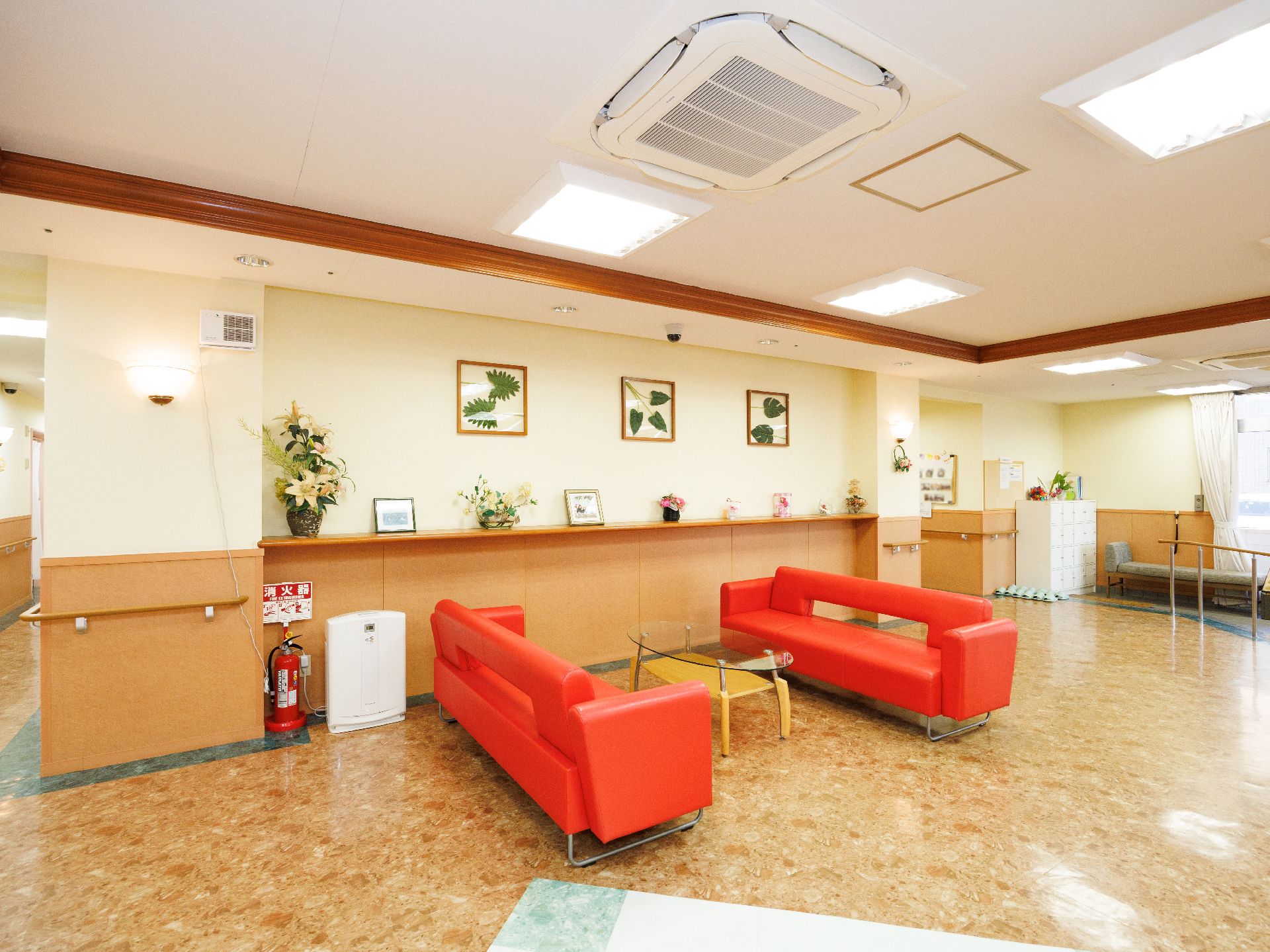 日差しが差す、手すりが設置された廊下