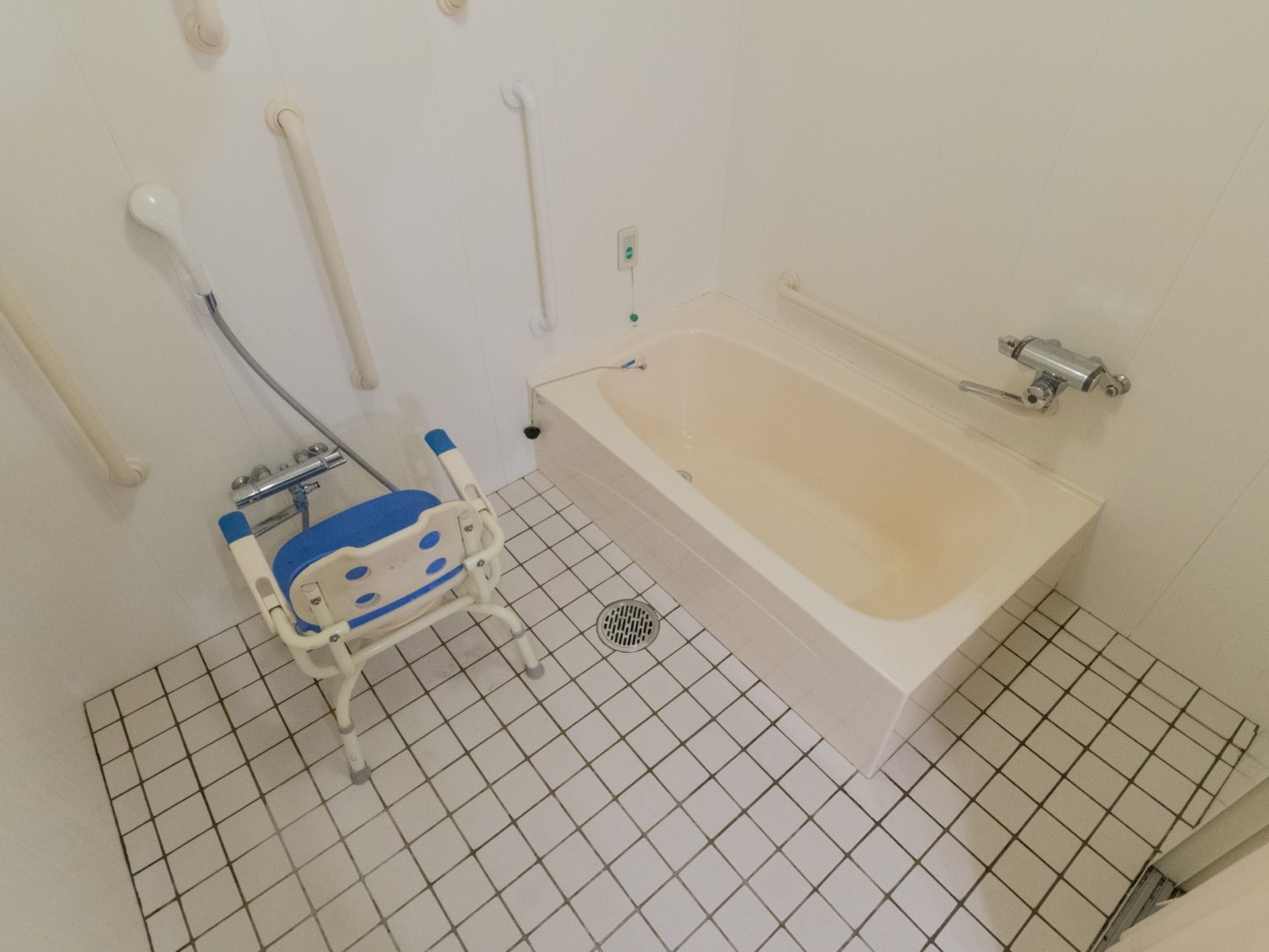 浴室にはバスタブと洗い場が設置されており、洗い場には手すりのついた椅子や手すり自体も設置されている。