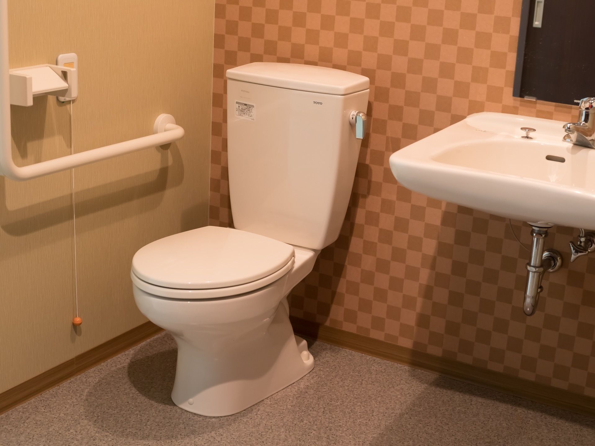 トイレは洋式である。トイレットペーパーフォルダーのそばに、緊急呼び出しボタンや手すりが設置されている。