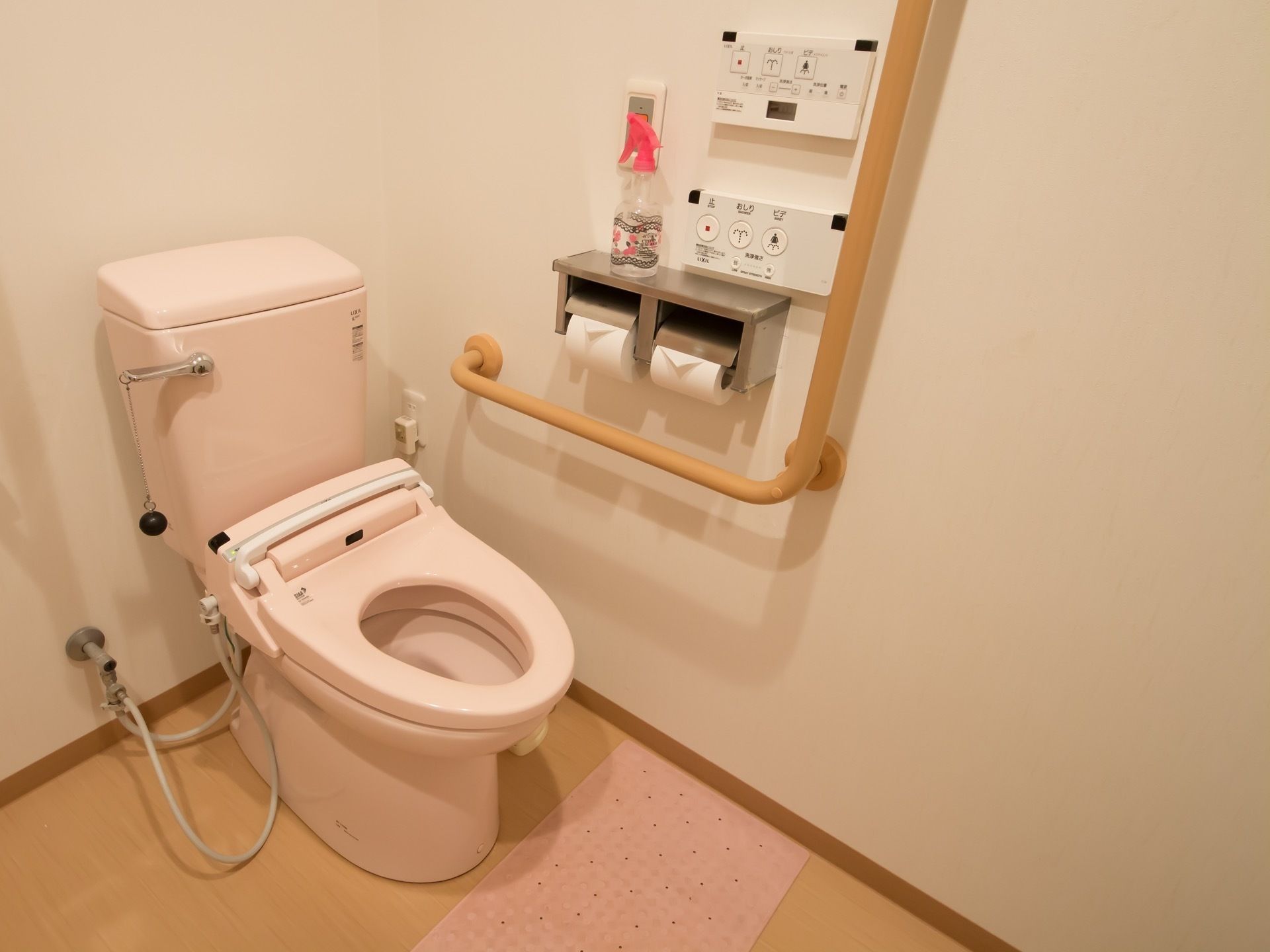 共用設備として設けられているトイレ。ピンクの便座の前にはカーペットが敷かれている。左手の壁には手すりやボタン類が取りつけてある。