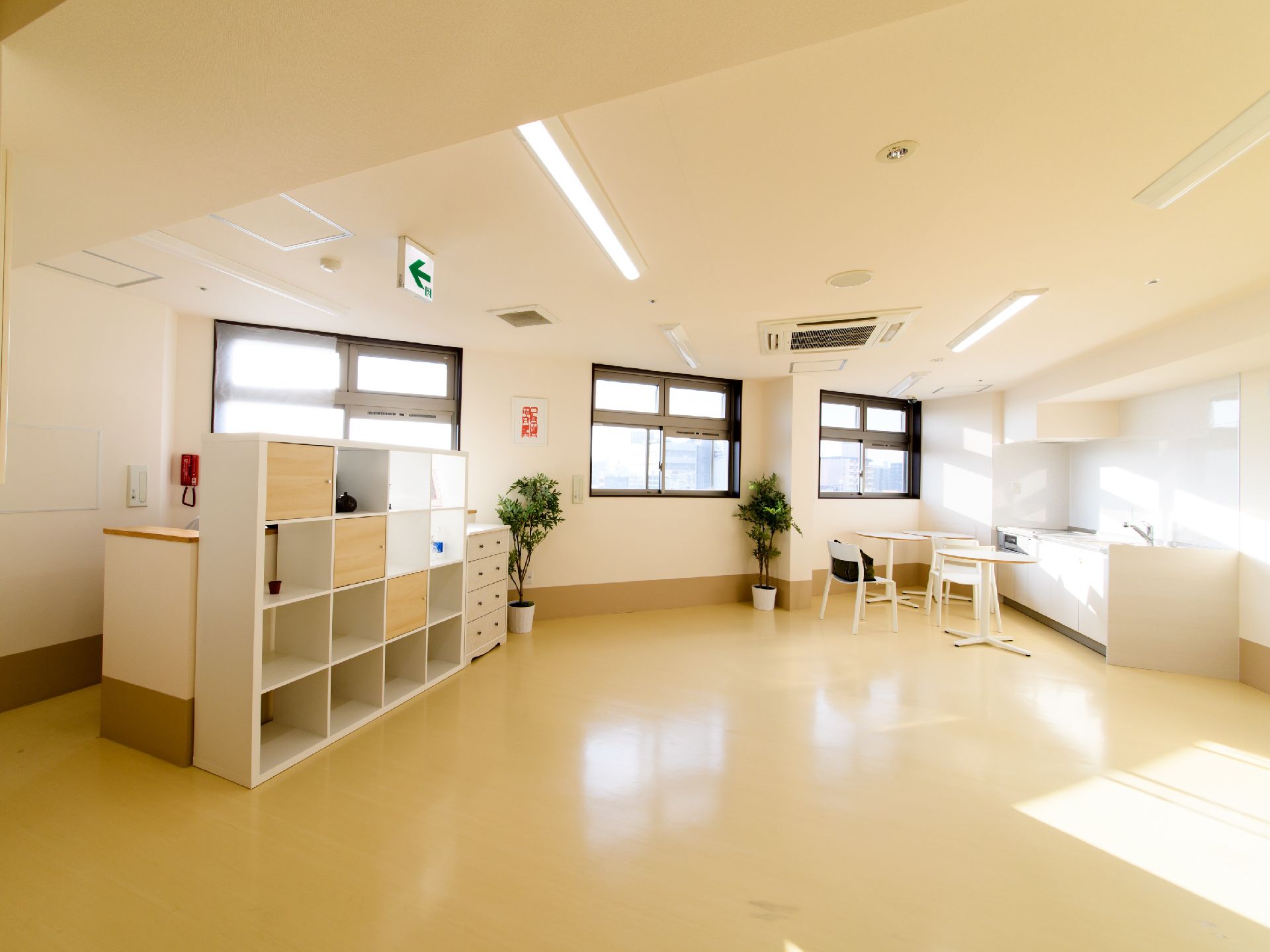 白い壁とベージュの床が明るい雰囲気のキッチンがある共有スペースにはホワイトのボックス、観葉植物がおしゃれにレアウトされている。