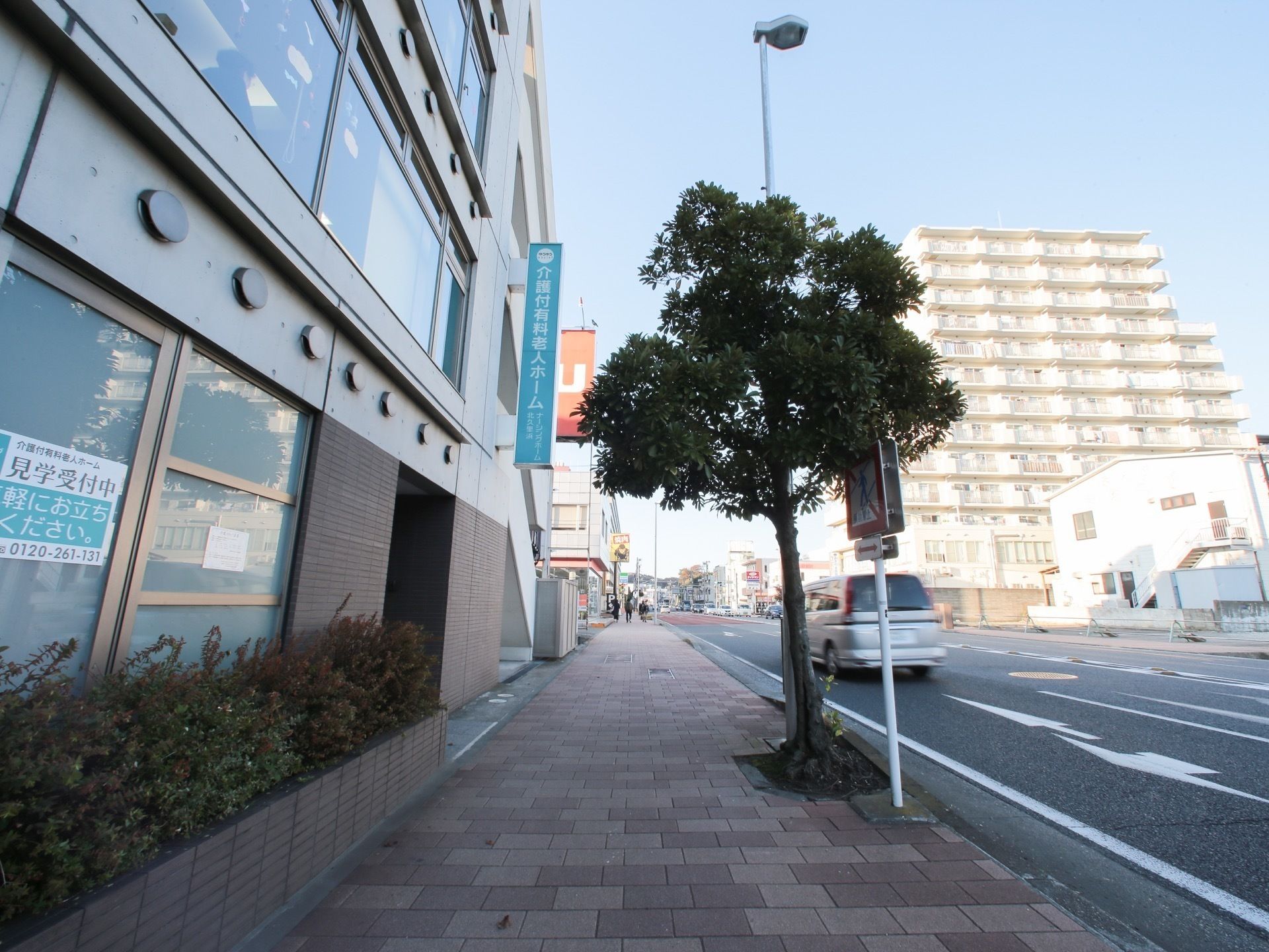 施設のすぐ横には、レンガが敷き詰められた通路があり、背の高い木が植えてある。その横は広い道路で、車が走っている。