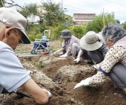 土いじりのレクリエーションを楽しむ高齢者