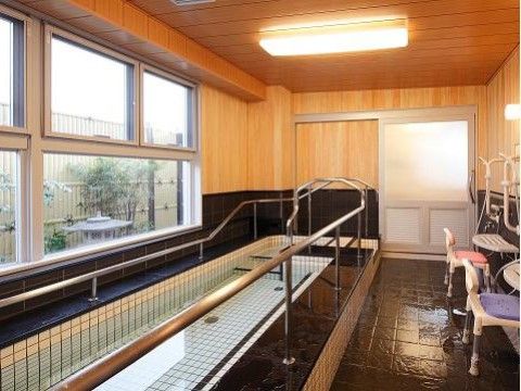 手すり付きの大きな浴槽とシャワーが設置された大浴場