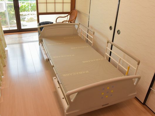 居室のベッドとフローリング