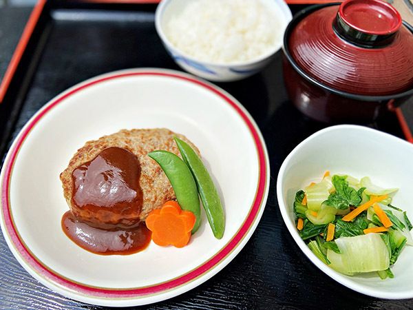 さやえんどうと花型のにんじんを添えたハンバーグがメインのメニュー