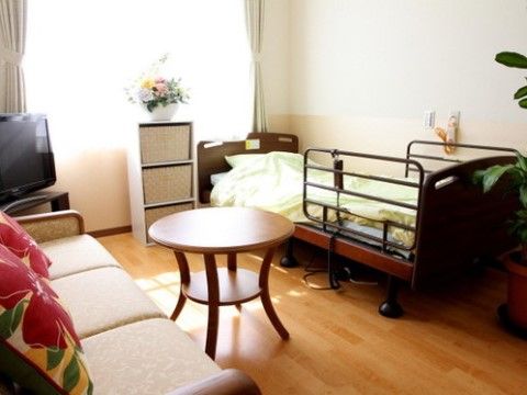 窓から陽射しが入り明るい居室には、介護用ベッドやソファーセットが設置され、テレビや観葉植物が置かれている。
