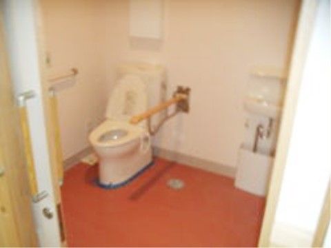 ゆったりとしたスペースのあるトイレである。便器の横には、立ち上がりや座る時のサポートになる手すりが完備されている。