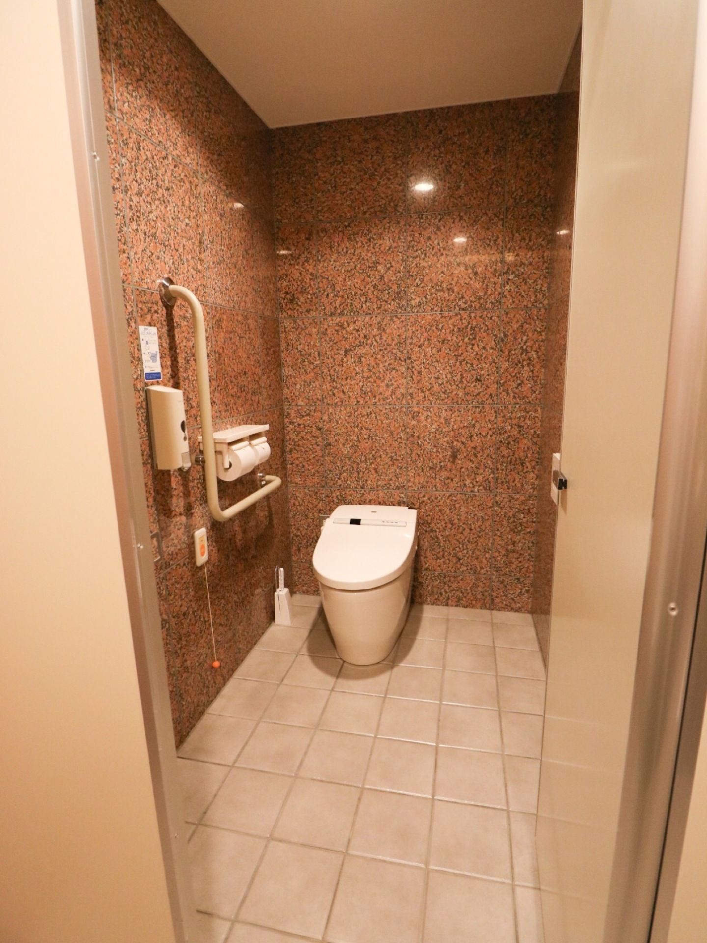 トイレは、赤色と黒色のまだら模様の壁と淡いピンク色の床というデザインの広い室内。温水洗浄便座仕様で右手側に手すりがある。