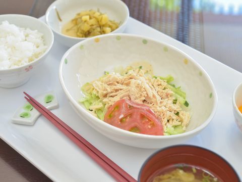 食べやすい大きさに食材をカットして提供される、栄養バランスの取れた食事