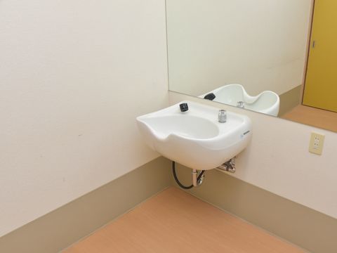 床は木目調になっている。洗面台があり、前には大きな鏡が設置されていて、黄色い扉が写っている。鏡の下にはコンセントがある。