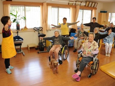 スタッフの指導に合わせて、体操をしている入居者様たち