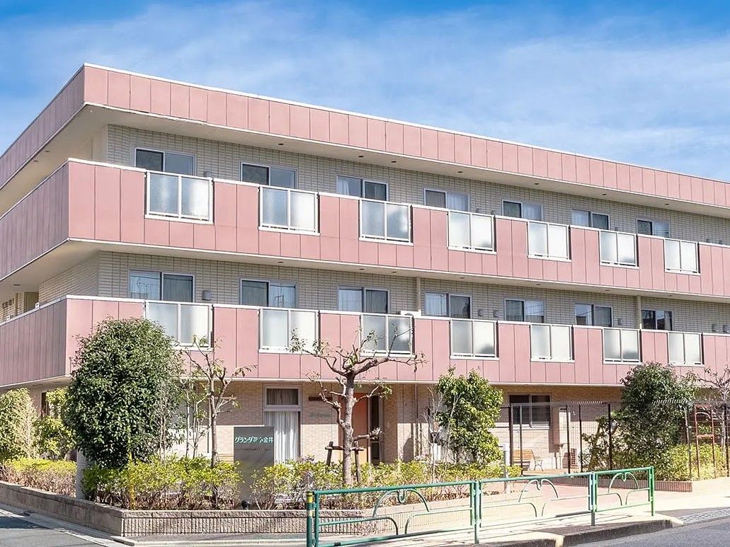 大きなマンションのような外観。駐車場が用意されている。裏には庭園がある。各部屋からバルコニーに出られるようになっている。