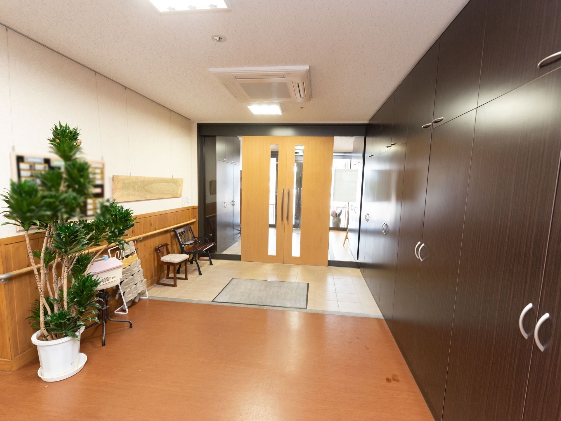 広いバリアフリーの玄関である。三和土にベンチや椅子やゲスト用のスリッパそしてグリーンが置かれている。