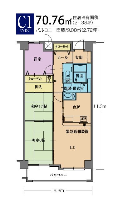 花 サービス付き高齢者向け住宅のC1Typeの間取り図