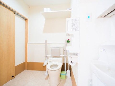明るいトイレである。手前側には幅と奥行きがコンパクトな小型の手洗器が設置されており、使用後速やかに洗浄できる。