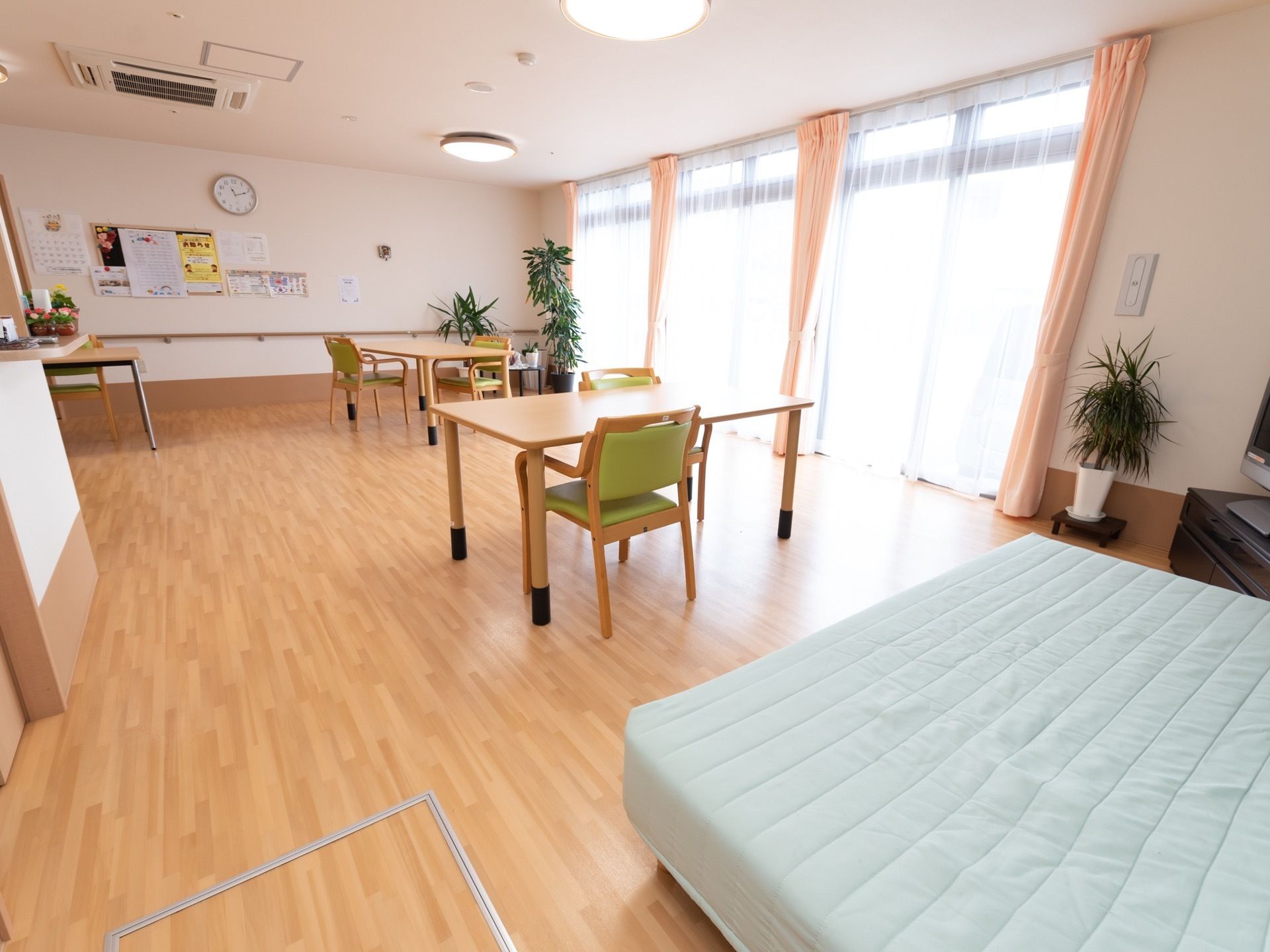 多目的ホールの右側には大きな掃き出し窓があり、白いレースと淡いピンク色のカーテンが掛けてある。壁際にグリーンが飾ってある。