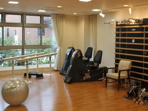 広い窓のある明るい室内に、歩行訓練用のポールや筋トレマシン、ストレッチボールなど、機能訓練用の器具が置かれている。