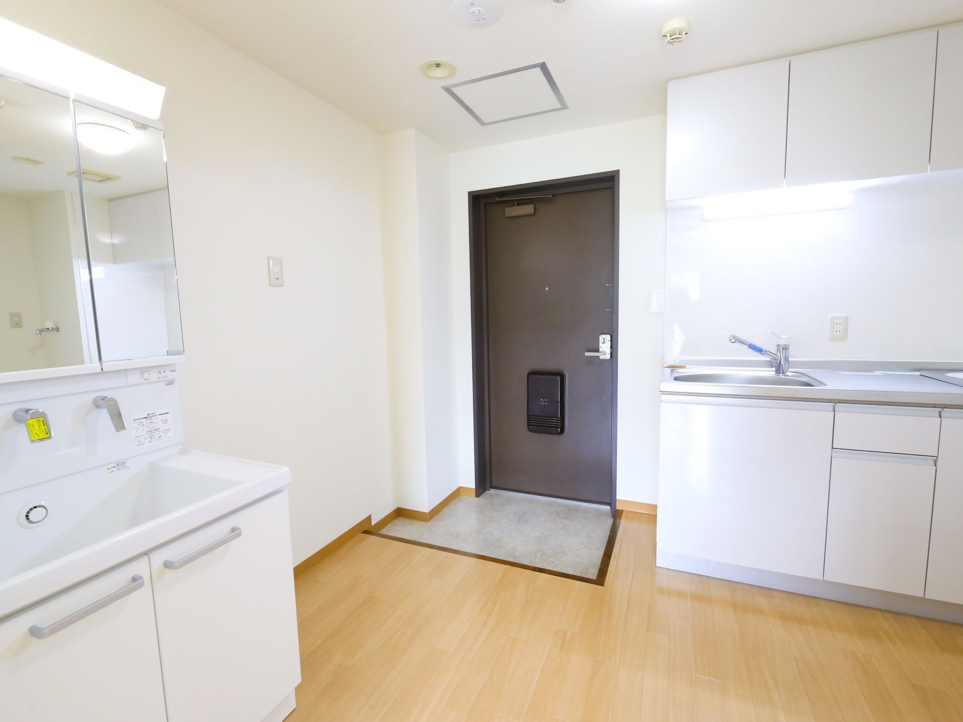 開き戸の右側に、キッチンが備え付けられており、照明が取り付けられている。左側には、大きな鏡の付いた洗面台が据えてある。