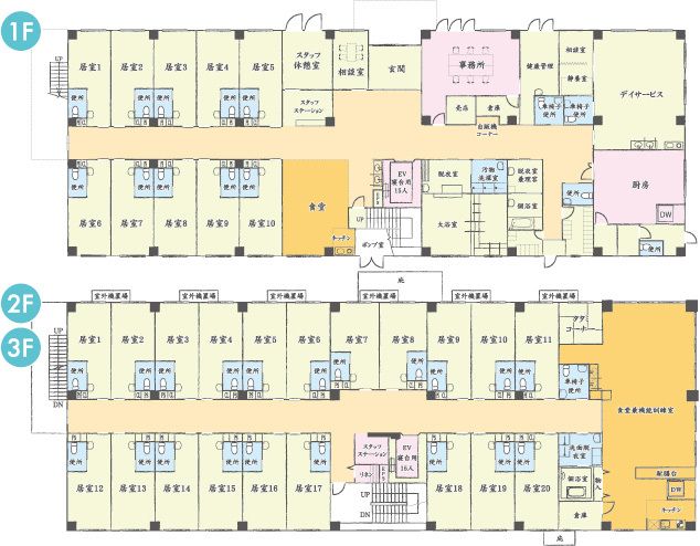 介護付有料老人ホーム ベルライフ葛城の1～3Ｆのフロアマップ