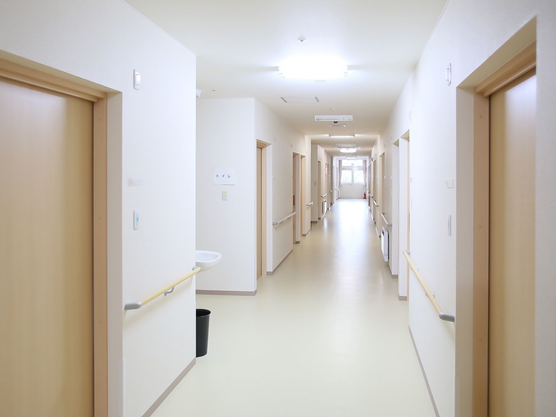 長い通路の奥に窓が設置され、光が差し込んでいる。壁にトイレと表示された紙が貼られ、天井の照明が点灯している。