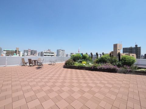 屋上にはウッドデッキ調テラスがあり、庭園を眺めながらくつろぐことが出来る、広大な憩いの場となっている。