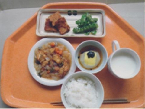 オレンジ色のトレイに載っている、栄養バランスに配慮したお食事
