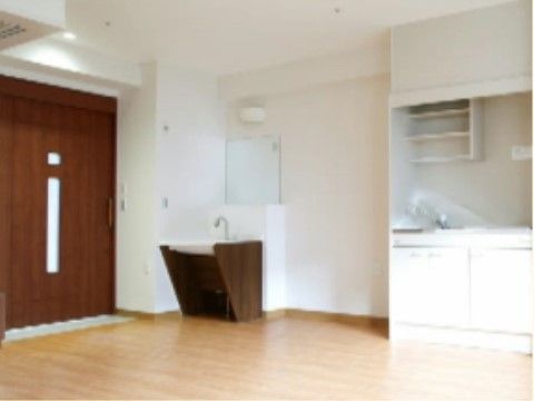 入口近くに洗面台とユニットキッチンが設置されている居室
