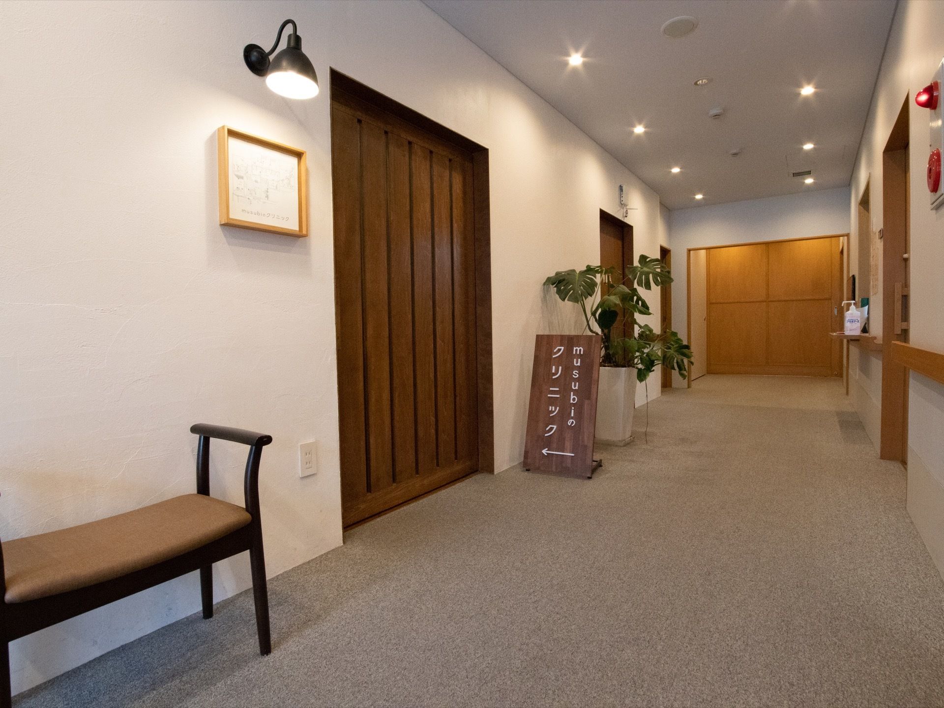 小さな照明が等間隔に設置されており、廊下は暖かみのある雰囲気がある。クリニックの看板や観葉植物がある。