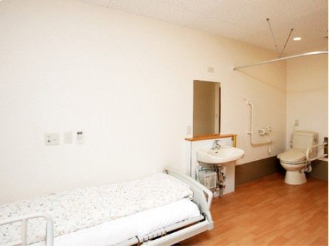 トイレ横の壁にはＬ字型の手すり等が設置されており、天井に取り付けられたカーテンで仕切られるようになっている。