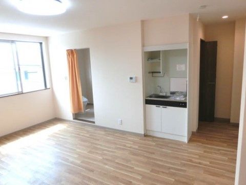 ユニットキッチンと、カーテンで仕切ることができるトイレがある居室