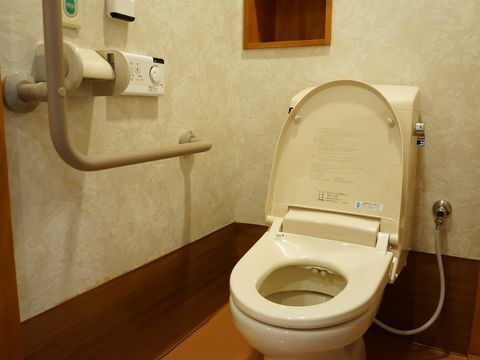 リモコンで操作可能なトイレ。便器の横には手すりが設置され、車いすでの使用にも無理がない。緊急時に対応可能な非常用ボタンもある。