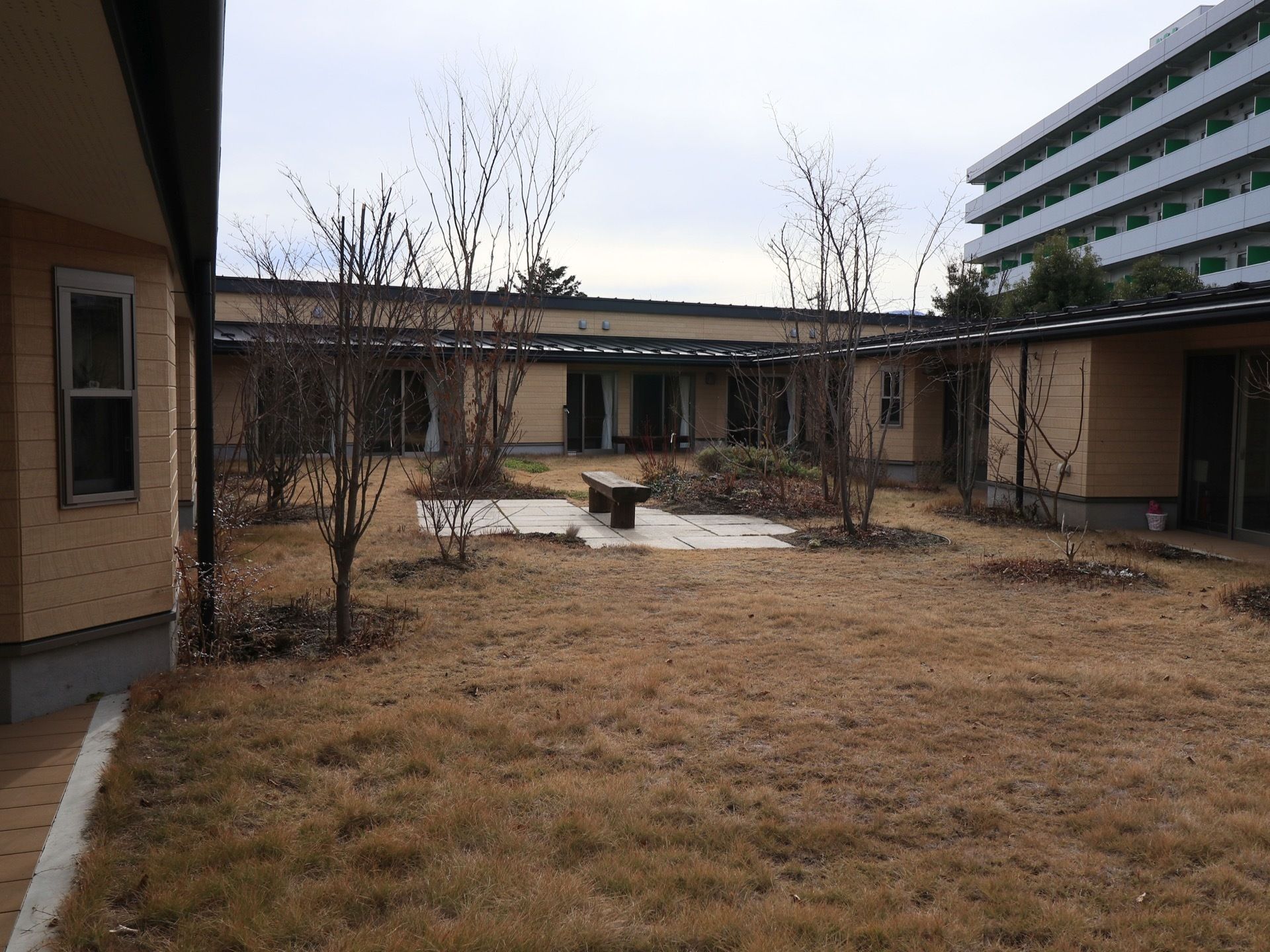 施設建物の中央に造られている中庭である。冬の季節の様子で芝生に木が植えられ、中央にはベンチが置かれている。