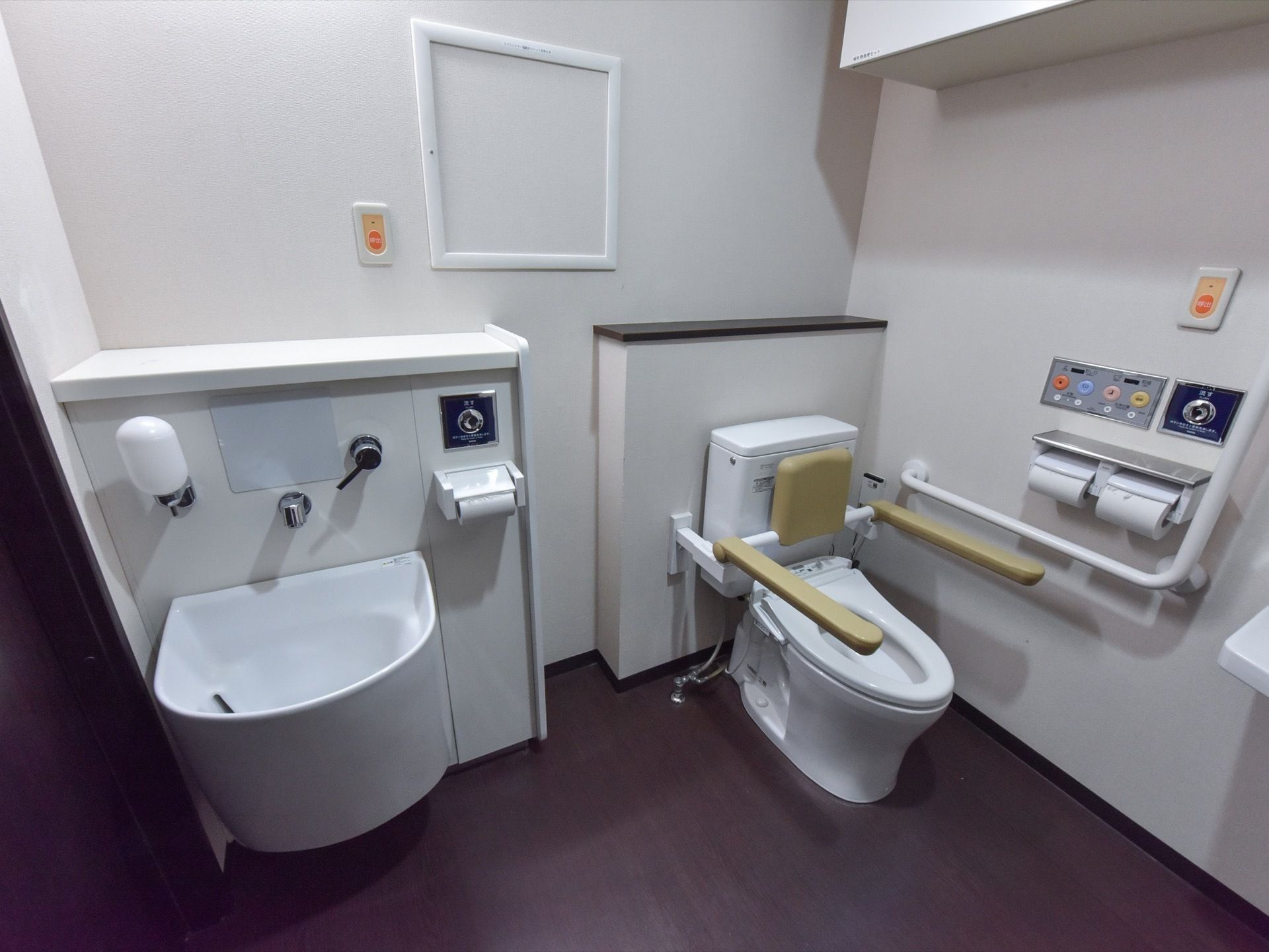 トイレの個室内に、オストメイト用のトイレと洋式トイレがある。それぞれ近くの壁に、ナースコールが付いている。
