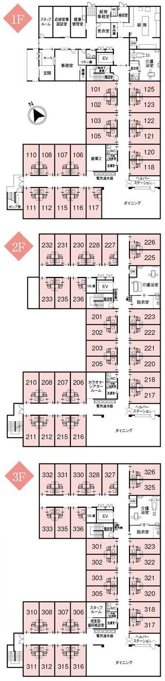介護付有料老人ホーム ヒューマンサポート東松山の1～3Ｆのフロアマップ