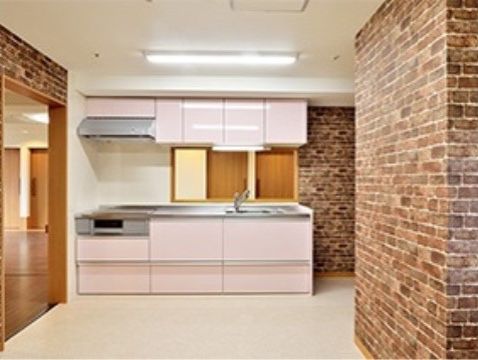 上下の収納扉がピンク色で統一されているシステムキッチン