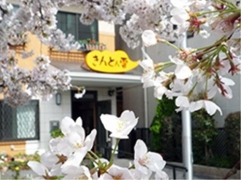 満開の春の花越しに見える、黄色い看板が設置されている玄関