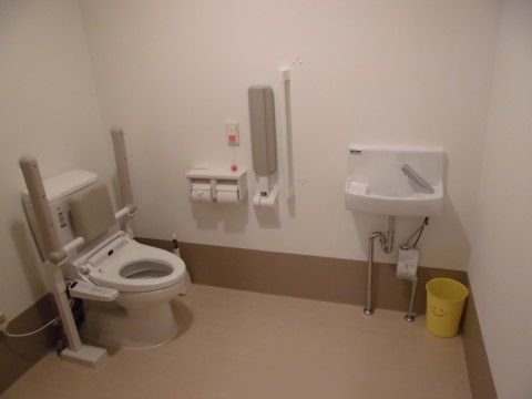 トイレには温水洗浄便座が設置され、周囲には手すりが十分に設けられている。壁の色は落ちついた雰囲気である。