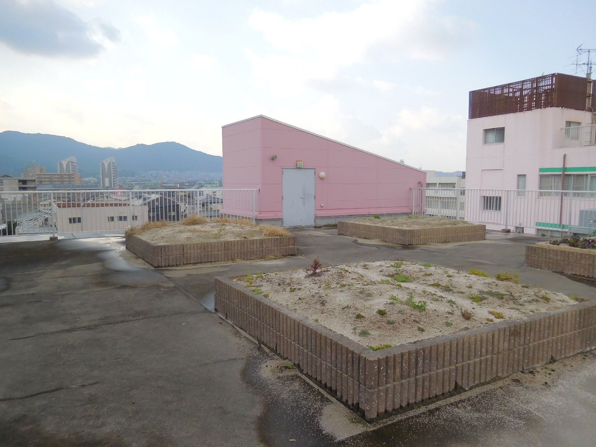 施設の屋上は広く正方形の花壇が4つ設置されている。周囲は高い柵で囲まれていてピンク色をした出入り口が設けられている。