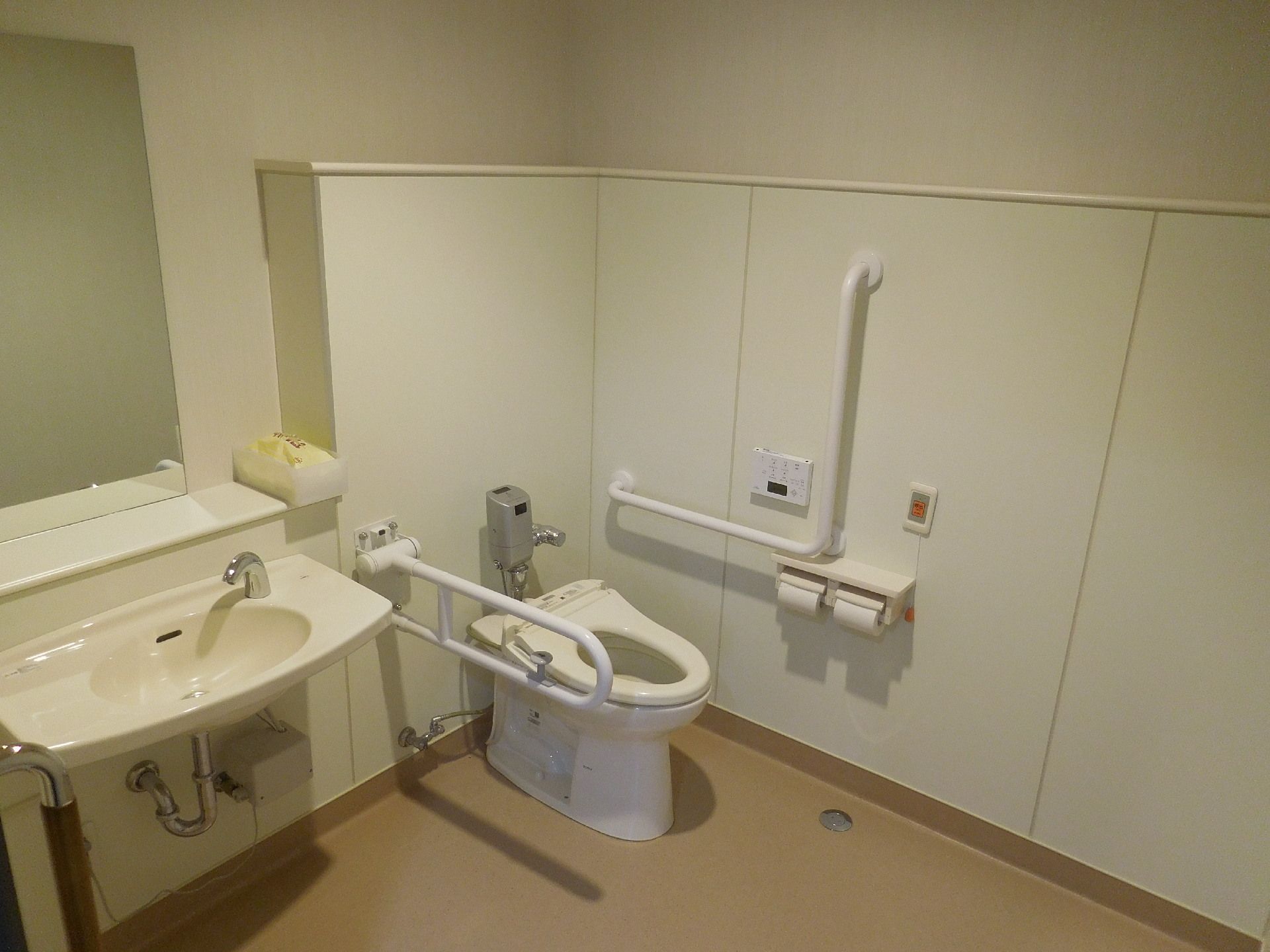 施設のトイレはセンサーで流すことができるウォシュレットの水洗トイレ。壁と便器横には手すりがあり洗面台も設置されている。