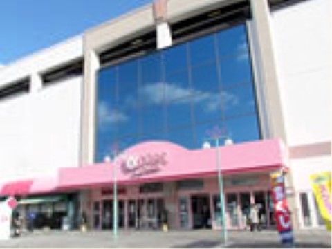 出入り口の屋根の外壁がピンク色で、上の階の一部はガラス張りになっている。店舗の前には、のぼりや外灯が立っている。