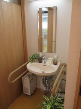 洗面台の両側には、バーが設置してある。手を洗ったり、お化粧や身支度をする時に、掴まれるように配慮したつくりである。