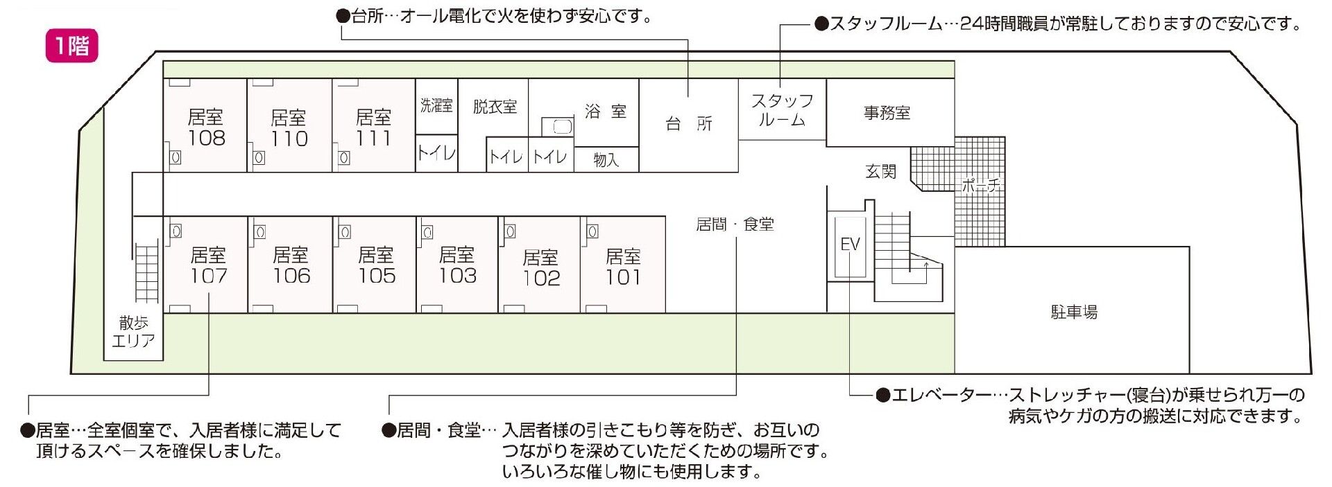 グループホーム クオレ歌島の1階のフロアマップ