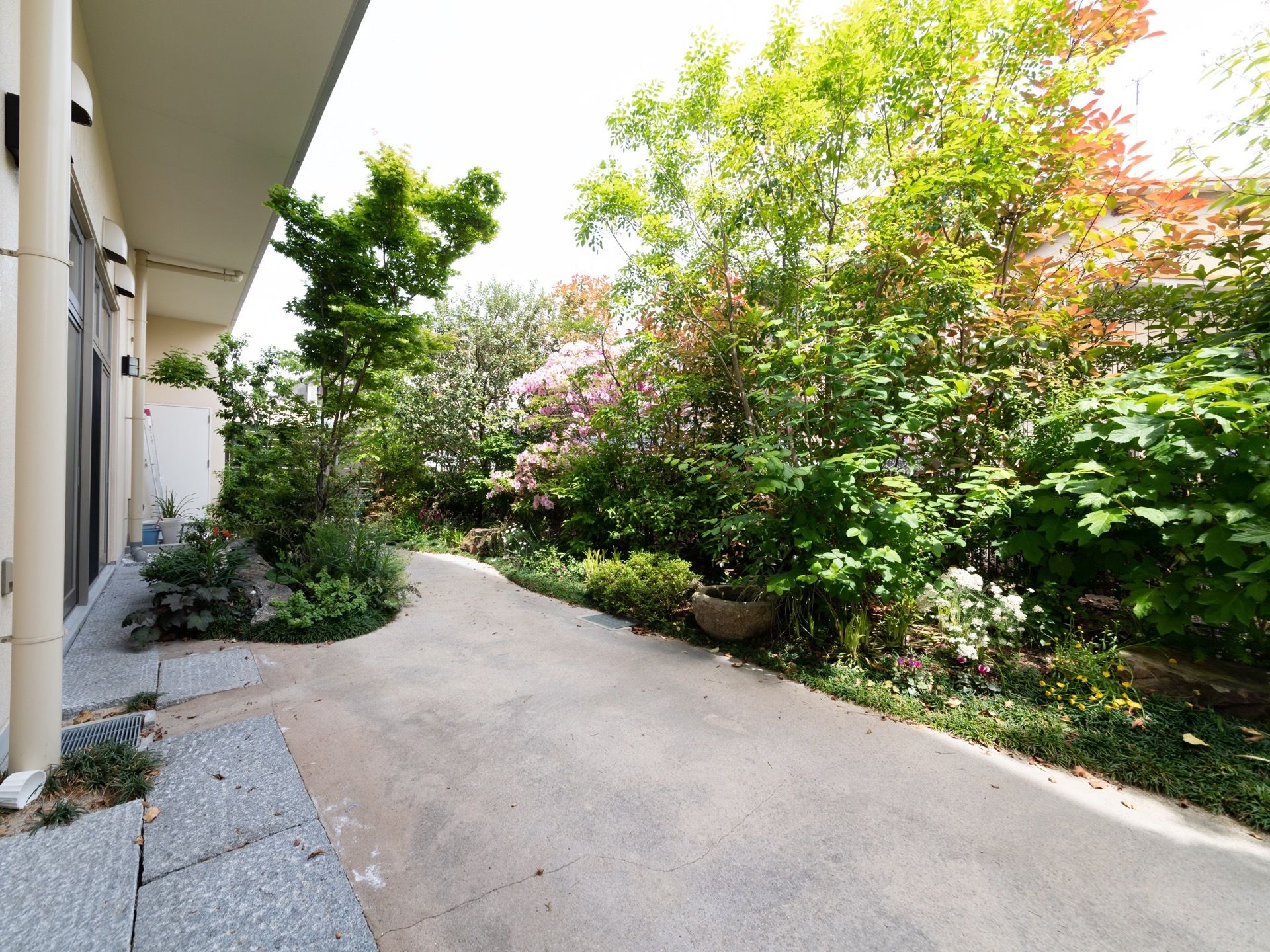 木々や草花をたくさん植えている。身近に自然を感じることができ、見て楽しむことができる。リフレッシュできる空間である。