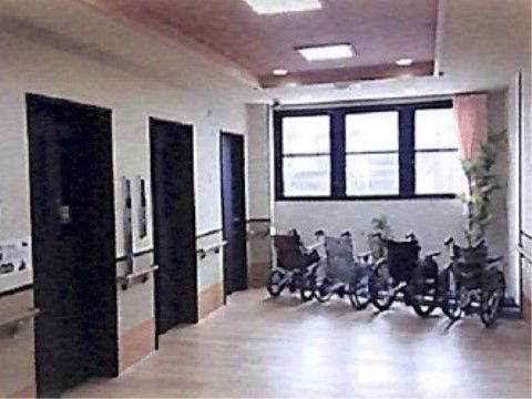 壁には手すりが付いている。壁の腰高窓にはピンクのカーテンが付いている。窓の近くにはグリーンが置かれている。
